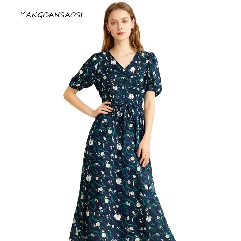 

Fashionable and Elegant 100% Natural Mulberry Silk Printed V-neck Exquisite and Beautiful Women's Summer Comfortable Dress