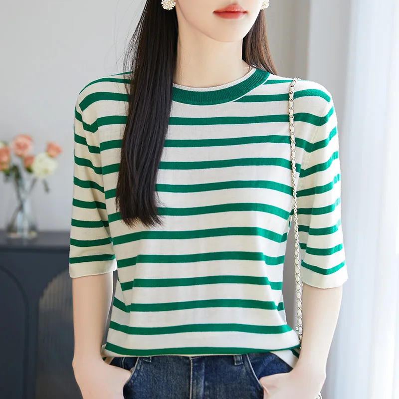 

Новый летний камвольный шерстяной свитер с круглым вырезом, футболка с короткими рукавами, женский полосатый топ соответствующего цвета