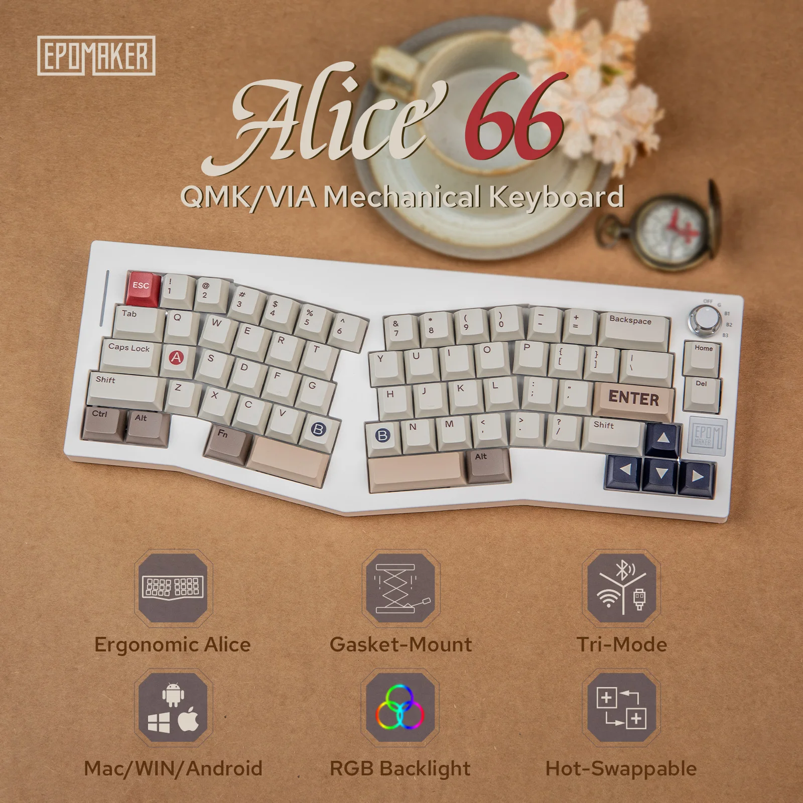 EPOMAKER Alice 66 65% Alice Layout QMK/VIA Wired/Bluetooth 5.0/2.4G Wireless Gasket-Mounted Hot-Swap Mechanical Gaming Keyboard