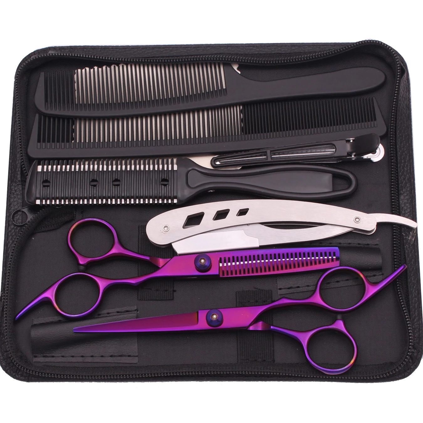 Haarschere JP Edelstahl Friseurschere 6" Haarschnitt Set Schwarz Effilierschere Salon Haarschnitt Schere Rasiermesser Kämme C1001