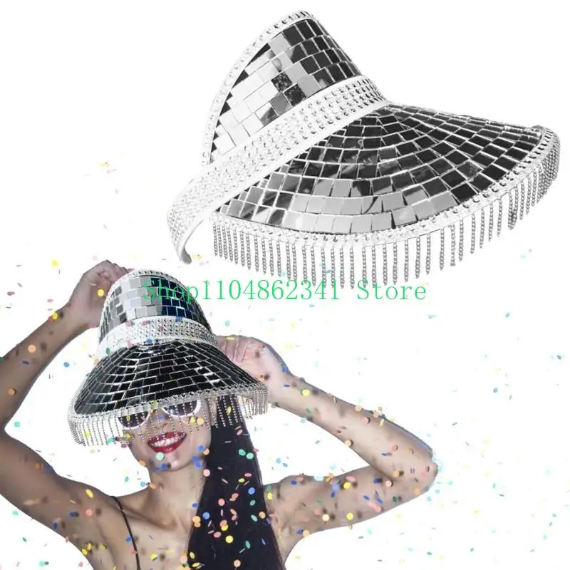 652F Glitter Mirror Disco Bucket Hat Disco Ball Hats for DJ Sequins Bucket Hat