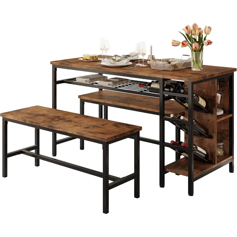 3-Piece Dining Table Set for 4, 47inch Kitchen Table with 2 Benches, Wine Rack and Glass Holder, Space-Saving Dinette