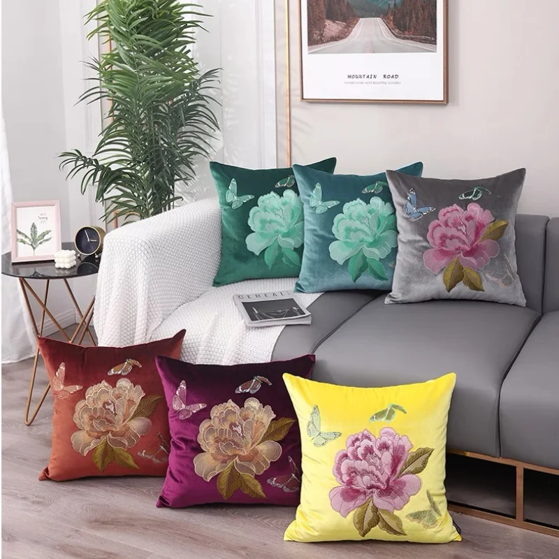 Chinese Flora Embroidery Pillows Luxury Velvet Cushion Case Shiny Yellow Purple Blue Decorative Pillow Cover For Sofa Chair Home