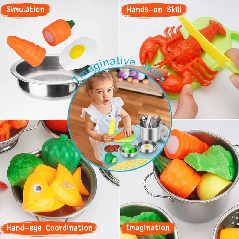 29PCS Kids Kitchen Playset with Stainless Steel Cookware Pots and Pans Set, Pretend Food Cooking Toys with Cutting Foods, Apron