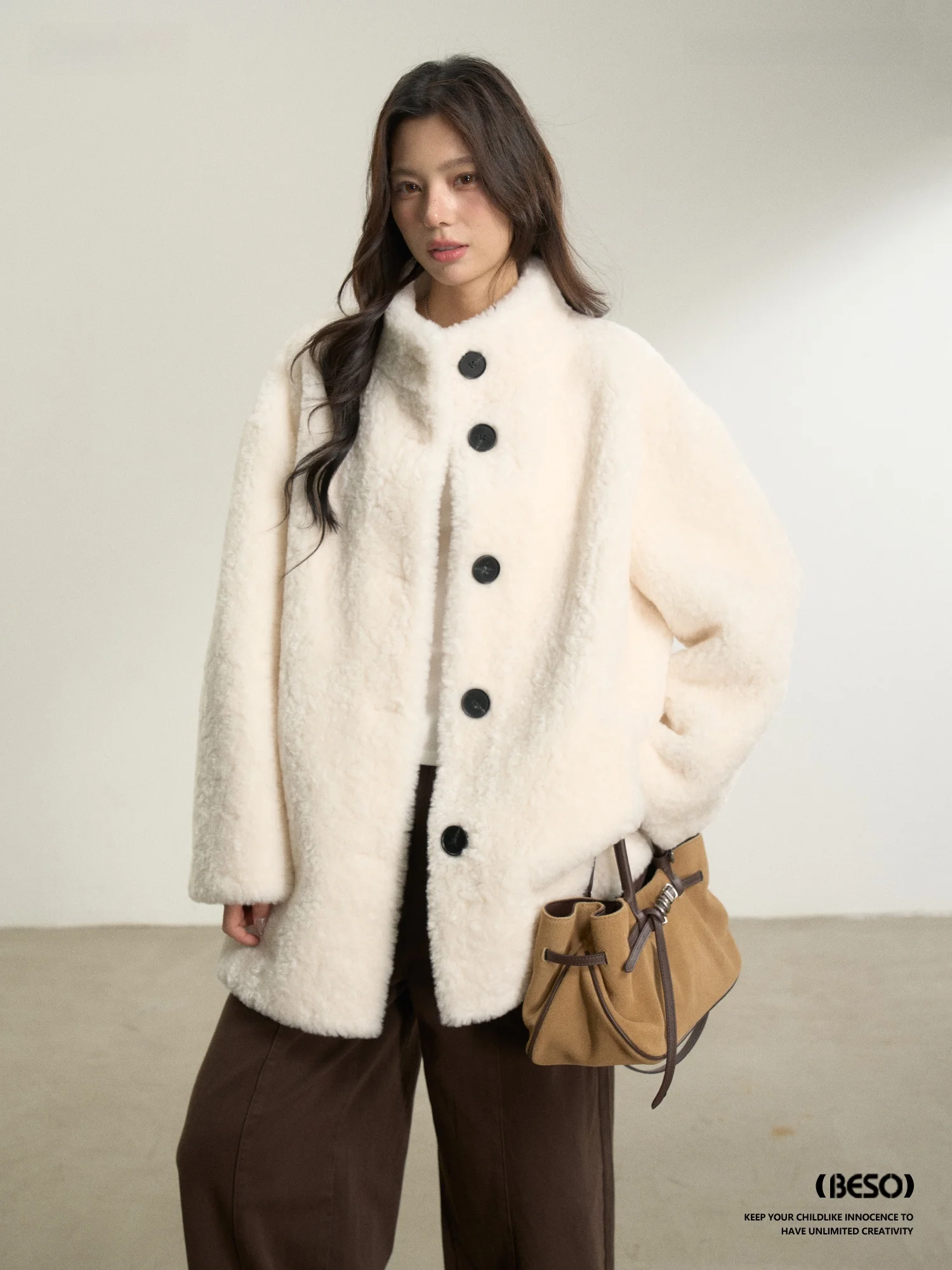 

BESOBER Original Women's Thiened Lamb Fur Coat Stand Collar All-Match Fake Fur Leather Inteated Winter Warm Coat