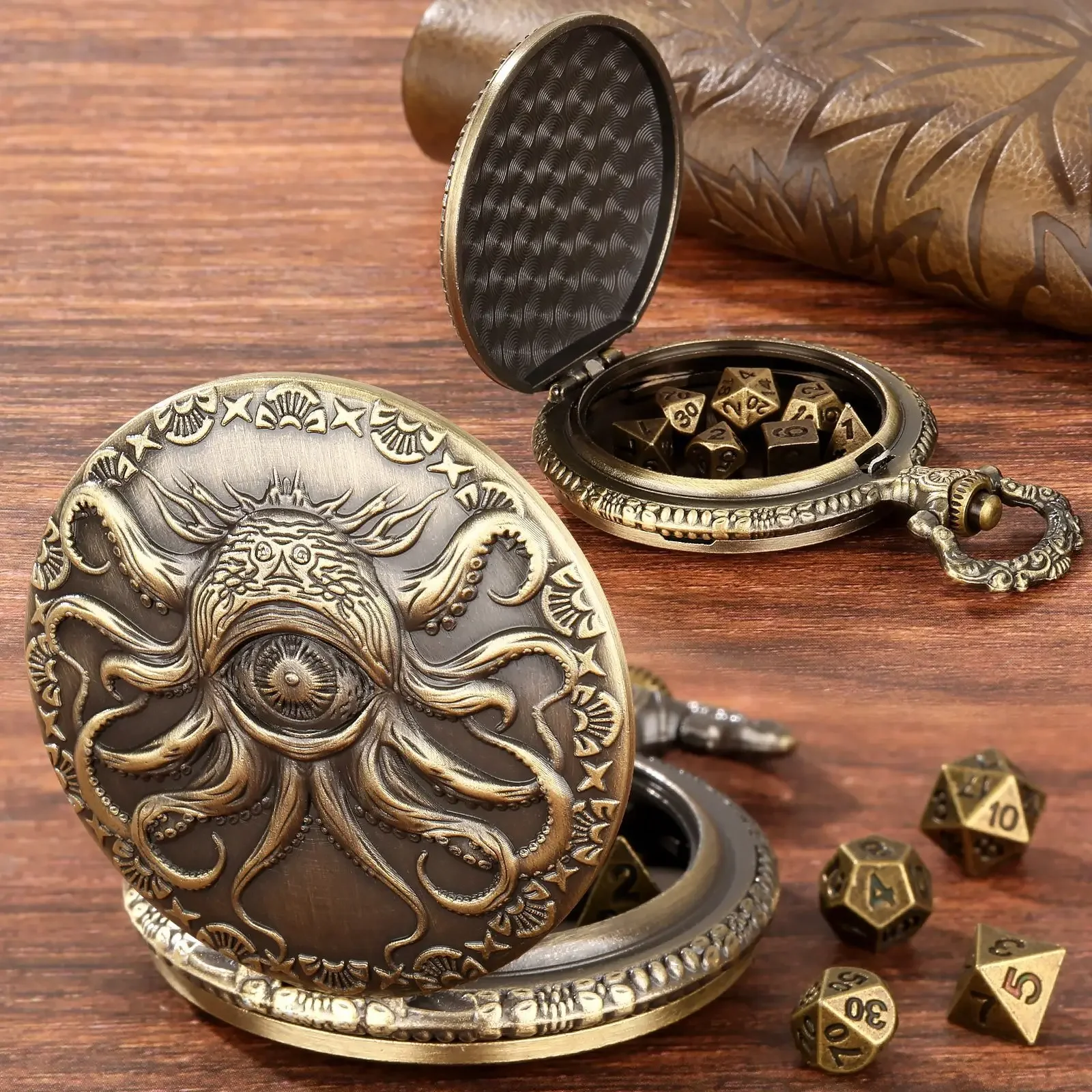 Octopus Metal Dice Case Vintage Cthulhu Pocket Watch DND Dice One eyed Octopus Pocket Watch box Dice For role playing games