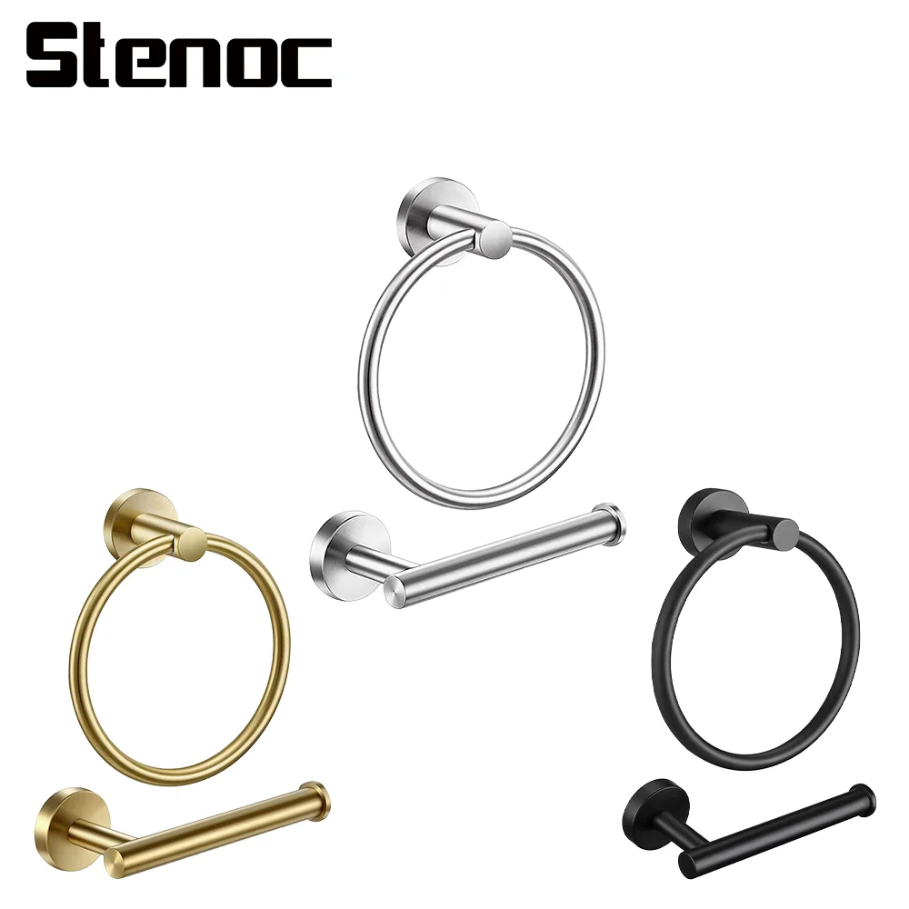 

Black Round Stainless Steel Bathroom Hardware Set Wall Mount Brushed Gold Toilet Paper Holder Towel Ring Hand Towel Holder