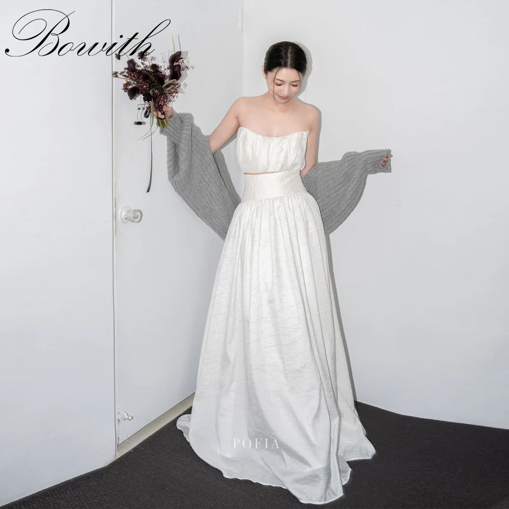 

Bowith 2 Piece Korean Wedding Dresses Strapless Satin Bridal Gown A-Line Floor-Length Sleeveless Wedding Gown Customized