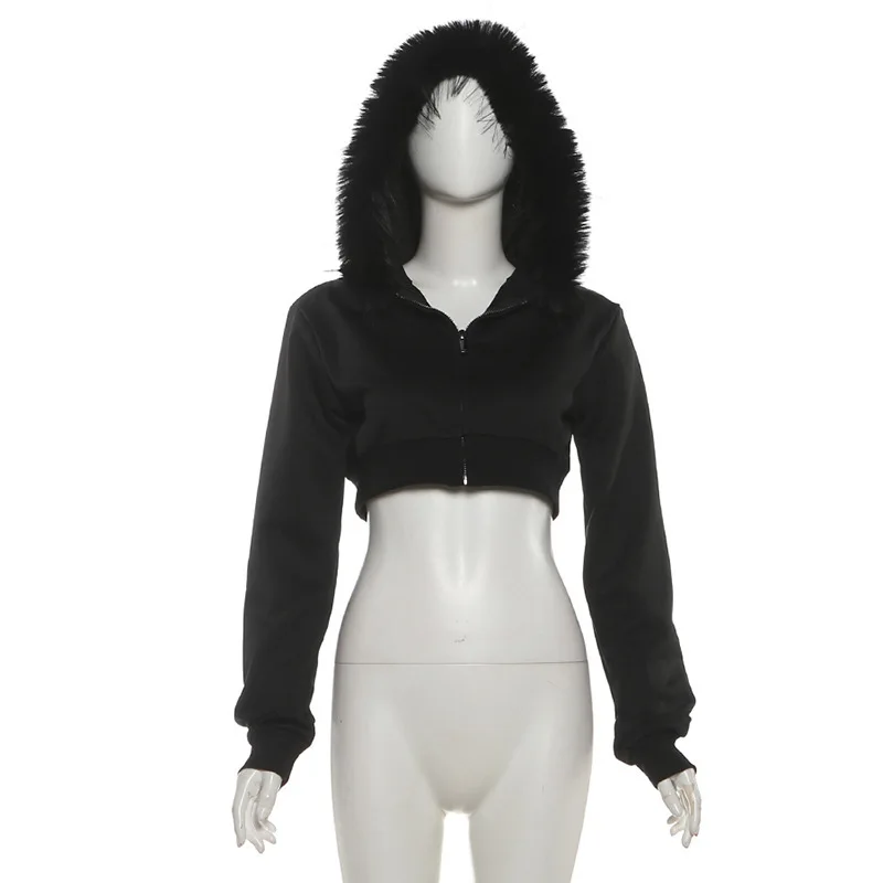 SylCue فروي المرقعة مقنعين سترة امرأة الخريف نمط جديد البريدي سترة كم كامل السرة مكشوف الشارع موضة المعاطف الكلاسيكية