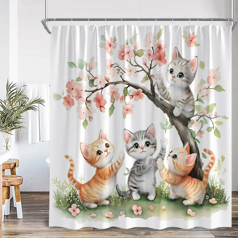 

Cute Cat Shower Curtain Pink Cherry Floral Tree Asian Oriental Watercolor Flower Funny Animal Green Grass Bathroom Curtain Decor