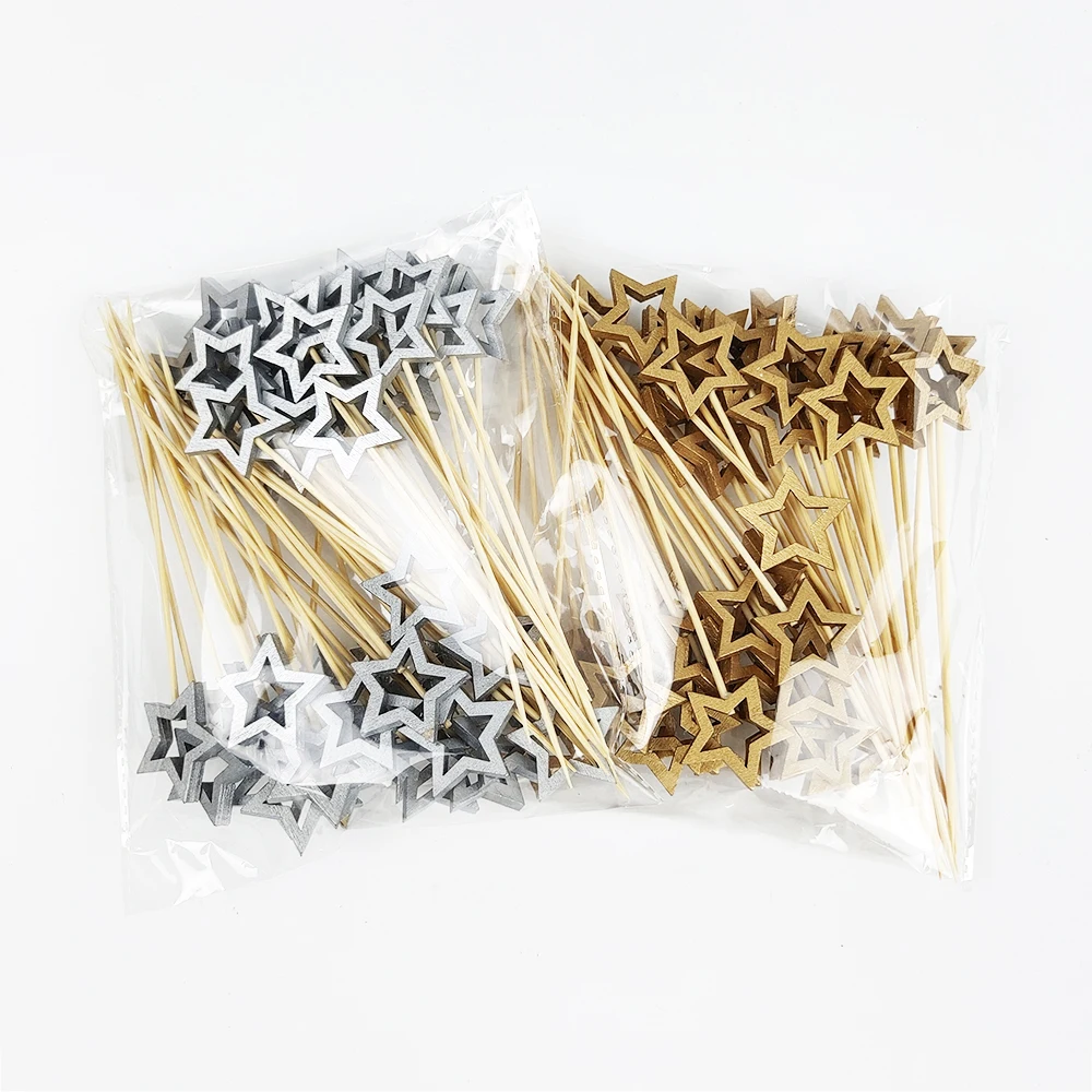 50 Stück Stern Einweg-Bambusspieße Gold Silber Buffet Obst Essen Picks Cocktail Sticks Weihnachtsdekoration Geburtstag Hochzeit – Detail 1