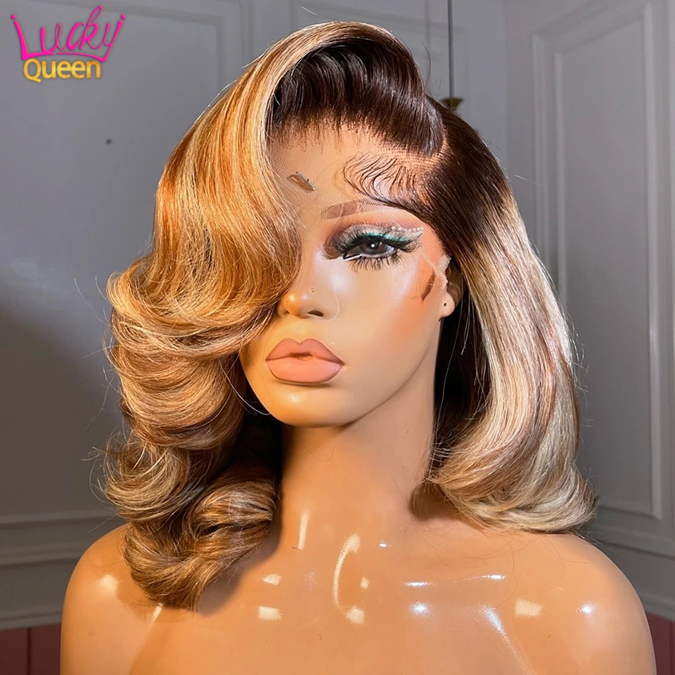 

Highlight Ombre Bob Wig With Brown Root Human Hair Lace Front Wigs for Women Straight 13×4 Transparent Lace Front Pre Plucked