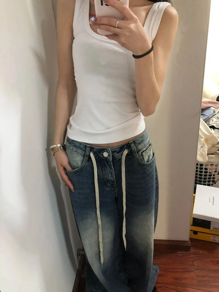 

Джинсы для девочек Y2k, женские джинсы с карманами, черные, модные, в корейском стиле, винтажные, с высокой талией, мешковатые, с широкими штанинами, с карманом в стиле Харадзюку для бойфренда