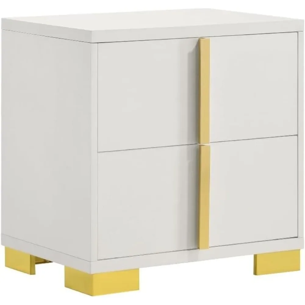 

2-Drawer Contemporary Wood Rectangular Nightstand White and Gold