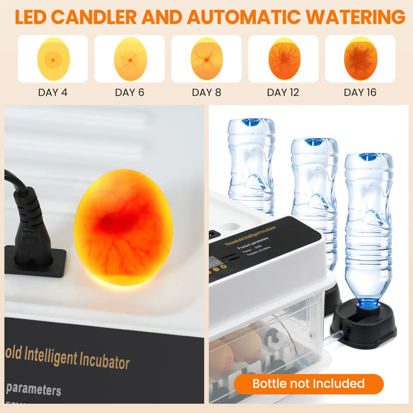 Incubadora Totalmente Automática con Volteo Automático de Huevos, Control de Temperatura, Iluminación LED y Doble Alimentación para Huevos de Aves de Corral