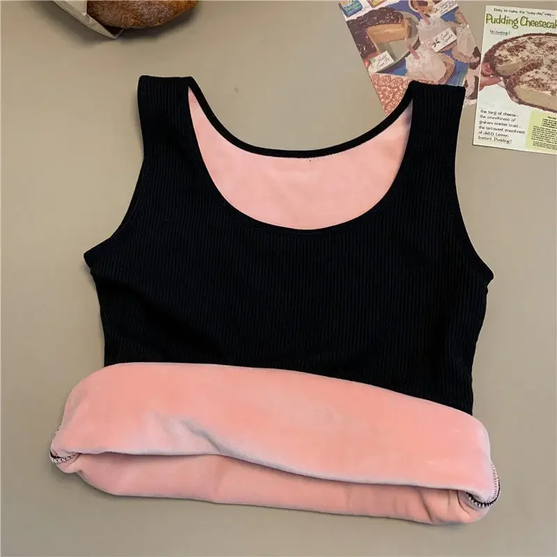 Camiseta térmica de invierno para mujer, sin costuras, con forro de terciopelo, sin mangas, chaleco cálido, camiseta interior para mujer, de color liso, lencería sexy.