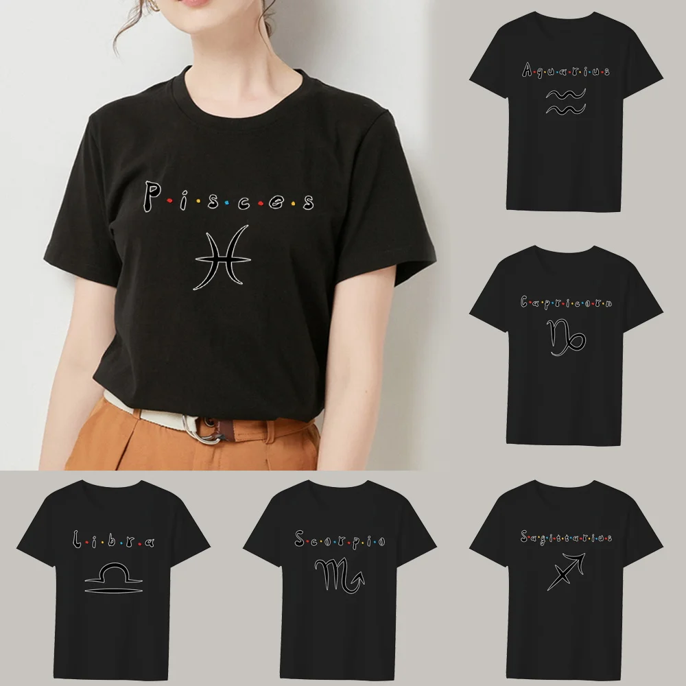 Women's Clothing Black T-shirt Casual Slim Tops Star Sign Pattern Printing Series Ladies Commuter Short-sleeved O-neck T-shirt