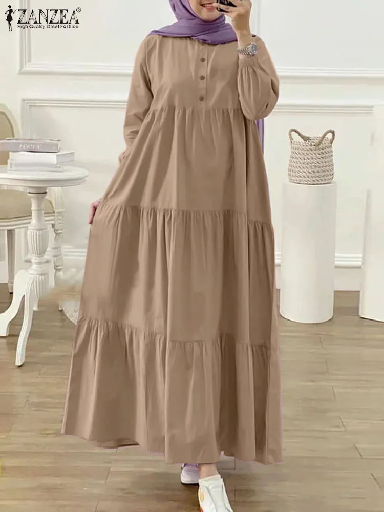 ZANZEA Women Muslim Long Dress Fashion Abaya Long Sleeve Solid Robe Elegant Ruffles Maxi Sundress Islamic Clothing Hijab Vestido