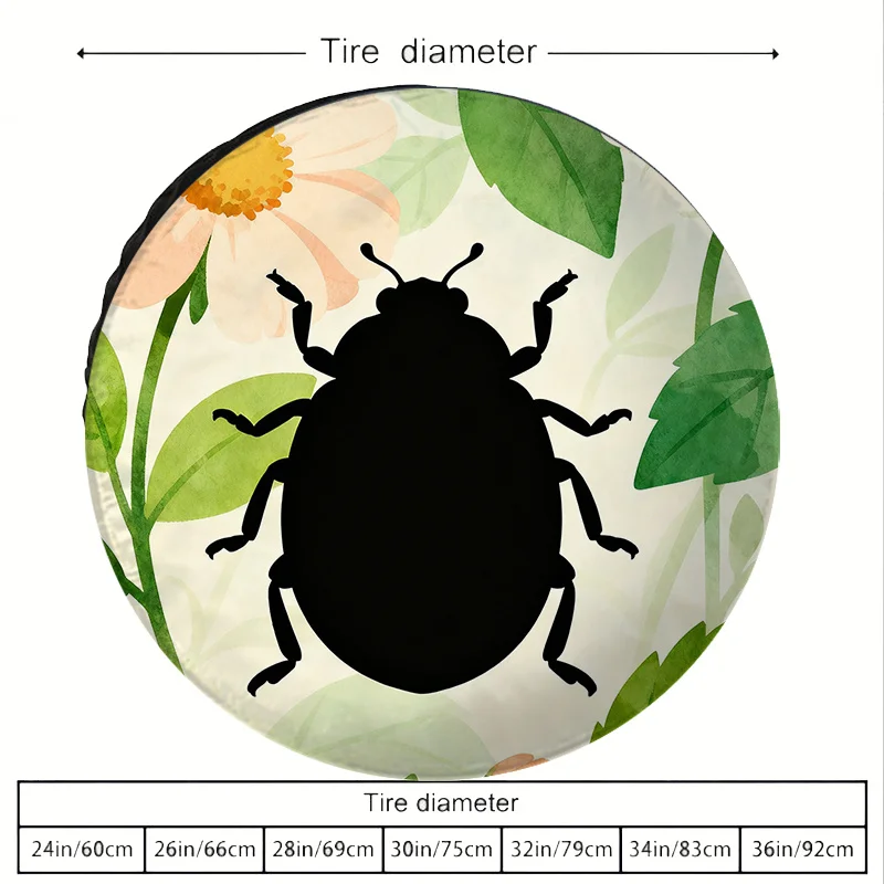 Black Insect Silhouette Watercolor Green Leaf Pattern Car Tire Cover, Polyester Spare Tire Protector, Suitable For Various Vehic