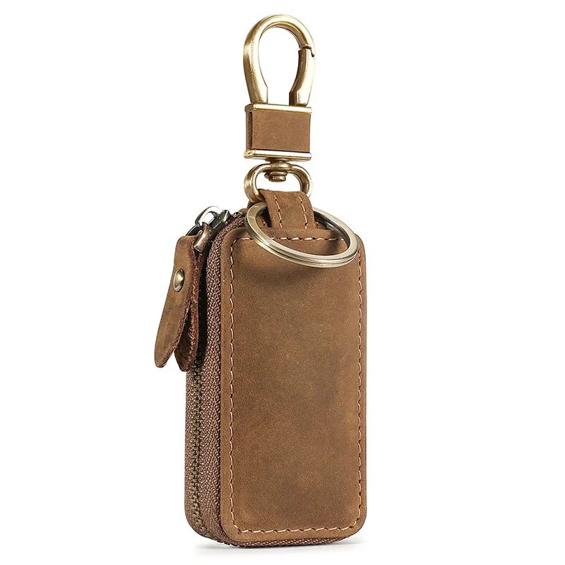 LLavero de cuero de vaca Vintage Unisex, funda para bolso, llavero de coche, bolsas, soportes para ama de llaves, cremallera, organizador de billetera sólido Simple