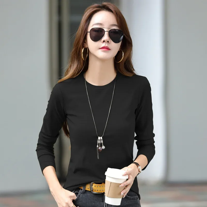Spring and Autumn New Ladies T-shirt Women\'s Solid Color Bottoming Shirt Elastic Slim Casual Bare Board Women\'s T-shirt