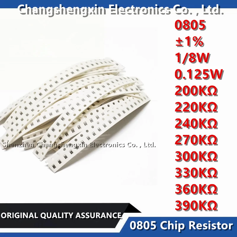 Resistor de chip SMD, 0805, tolerância 1%, ± 1, 8W, 0.125W, resistência 200KΩ, 220KΩ, 240KΩ, 270KΩ, 300KΩ, 330KΩ, 360KΩ, 390KΩ, ohms, 100pcs