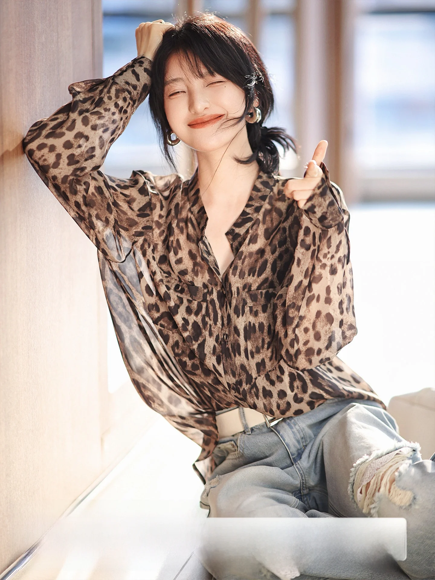 

Роскошная шелковая рубашка с леопардовым принтом Zha Da Xi из серии «Mei Bao» (Sama Meihui Encounter), комплект для ранней весны, женская модная элегантная одежда