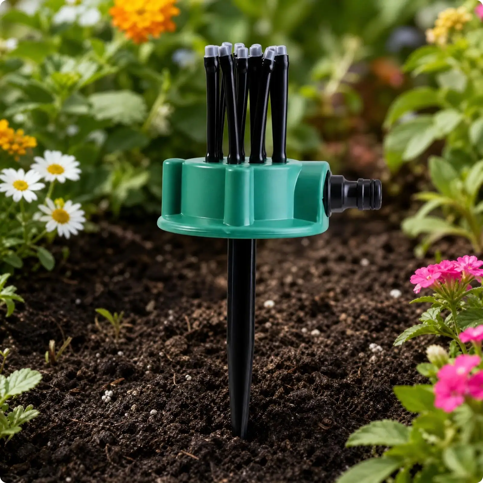 Garden Water Distributor Sprinkler with Green Base and Flexible Hose for Flower Bed Irrigation