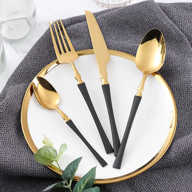 

24pcs Stainless Steel Cutlery Black Gold Mirror Dinnerware Set Tableware Knife Fork Coffee Spoon Flatware Dishwasher Safe Dinner