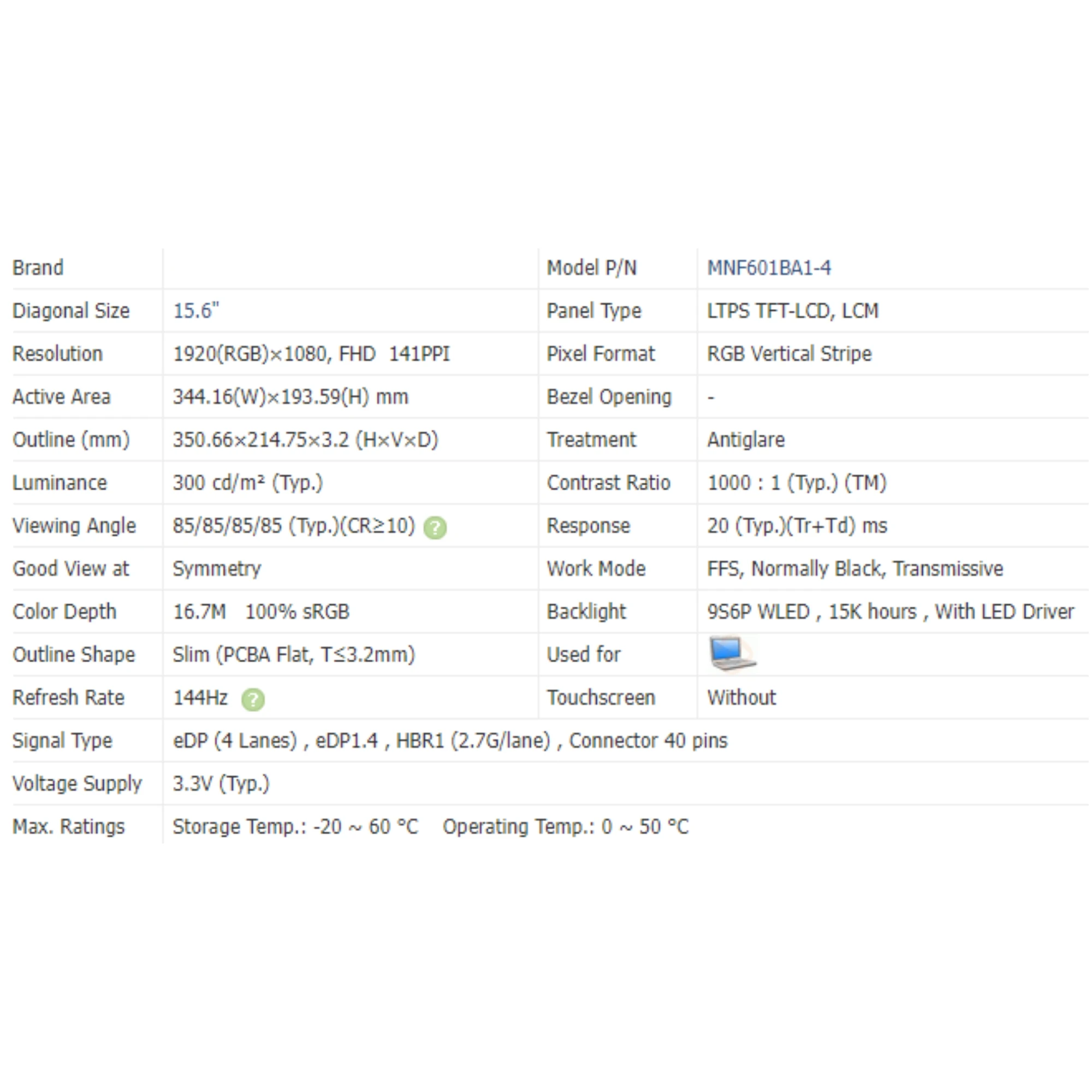 

MNF601BA1-4 40 pins 1920x1080 15.6inch IPS Matrix Replacement Panel Display Laptop LCD Screen
