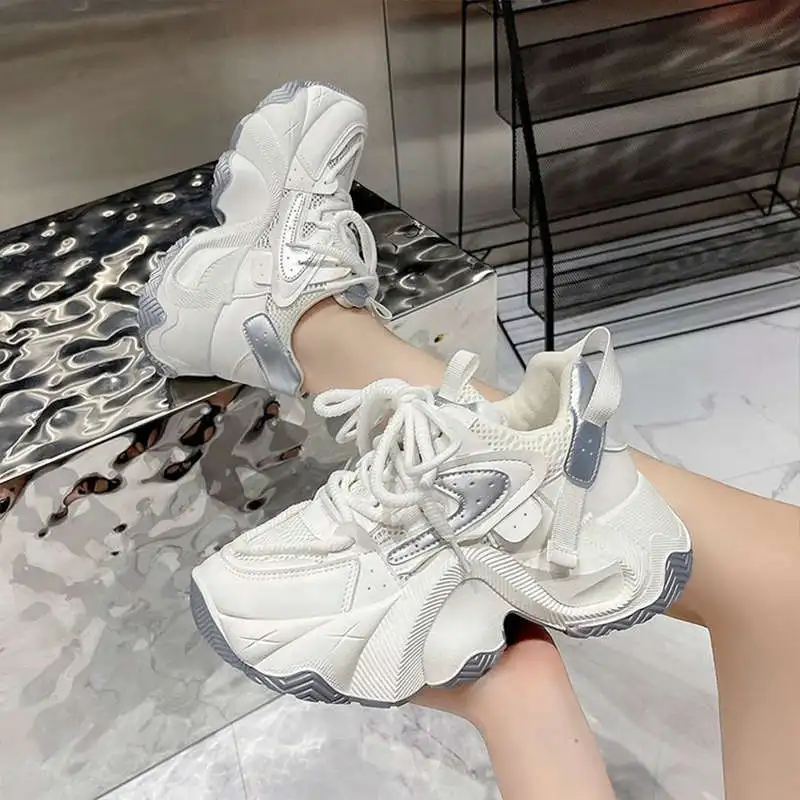 

Casual Thick Bottom Platform Sneakers Women's Foot-Extending Dad Shoes Summer Season round Toe Rubber Sole Ultra-Leather Mate...