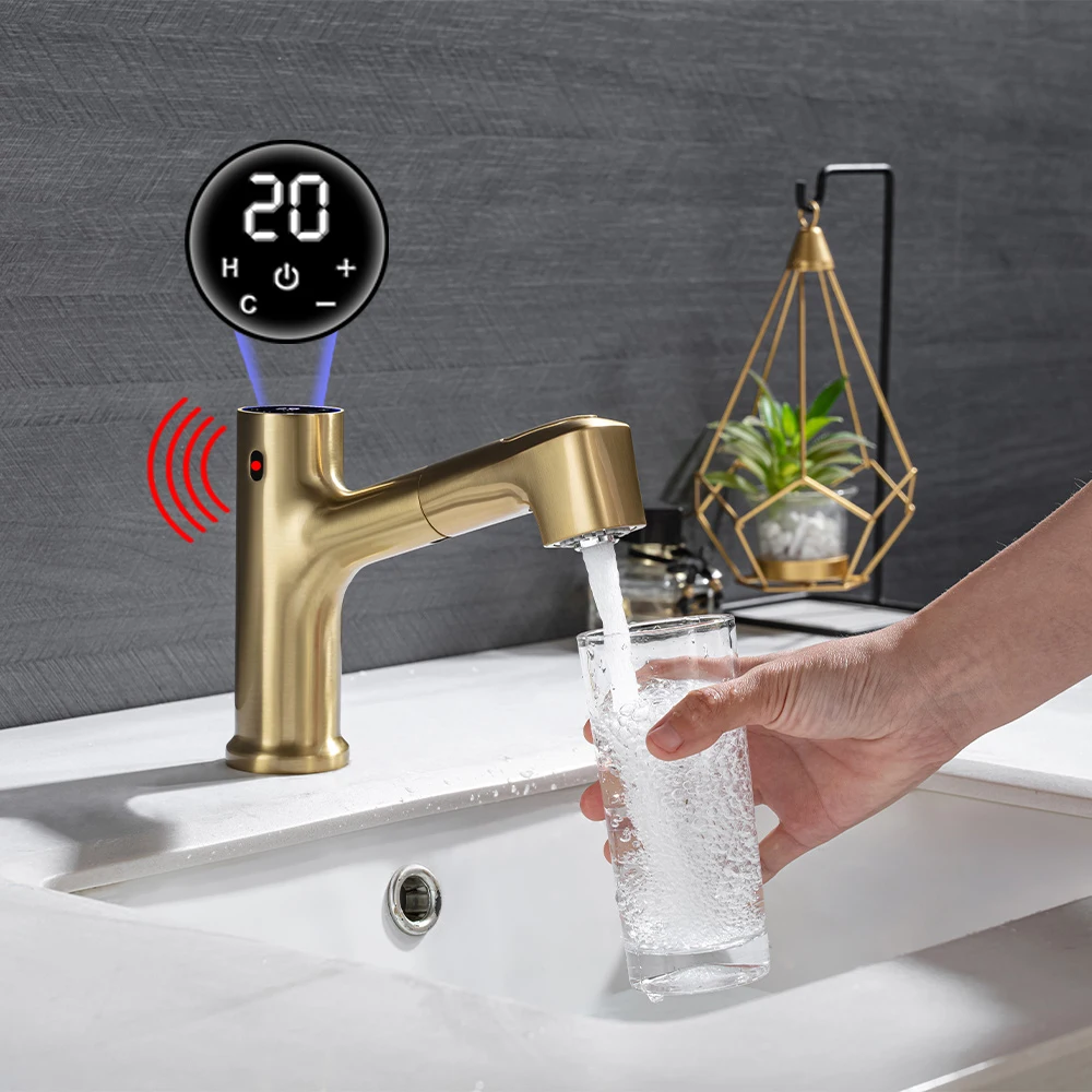 

Modern Luxury Sensor Basin Faucets Pull Out Smart Touch Bathroom Sink Faucet Hot Cold Mixer Tap Brass Touchless Washbasin Faucet