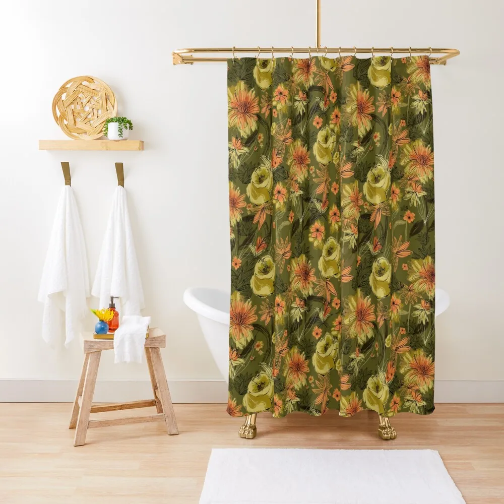 

70s 60s retro green orange flowers Shower Curtain Shower Sets For Bathroom Shower Set Window Curtain