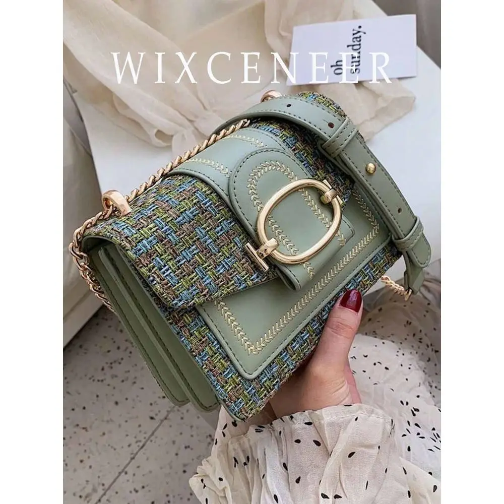 

Plaid Pattern Soft Woolen Shoulder Bag, Decorated Square Crossbody Bag With Chain Strap, Suitable For Daily Use