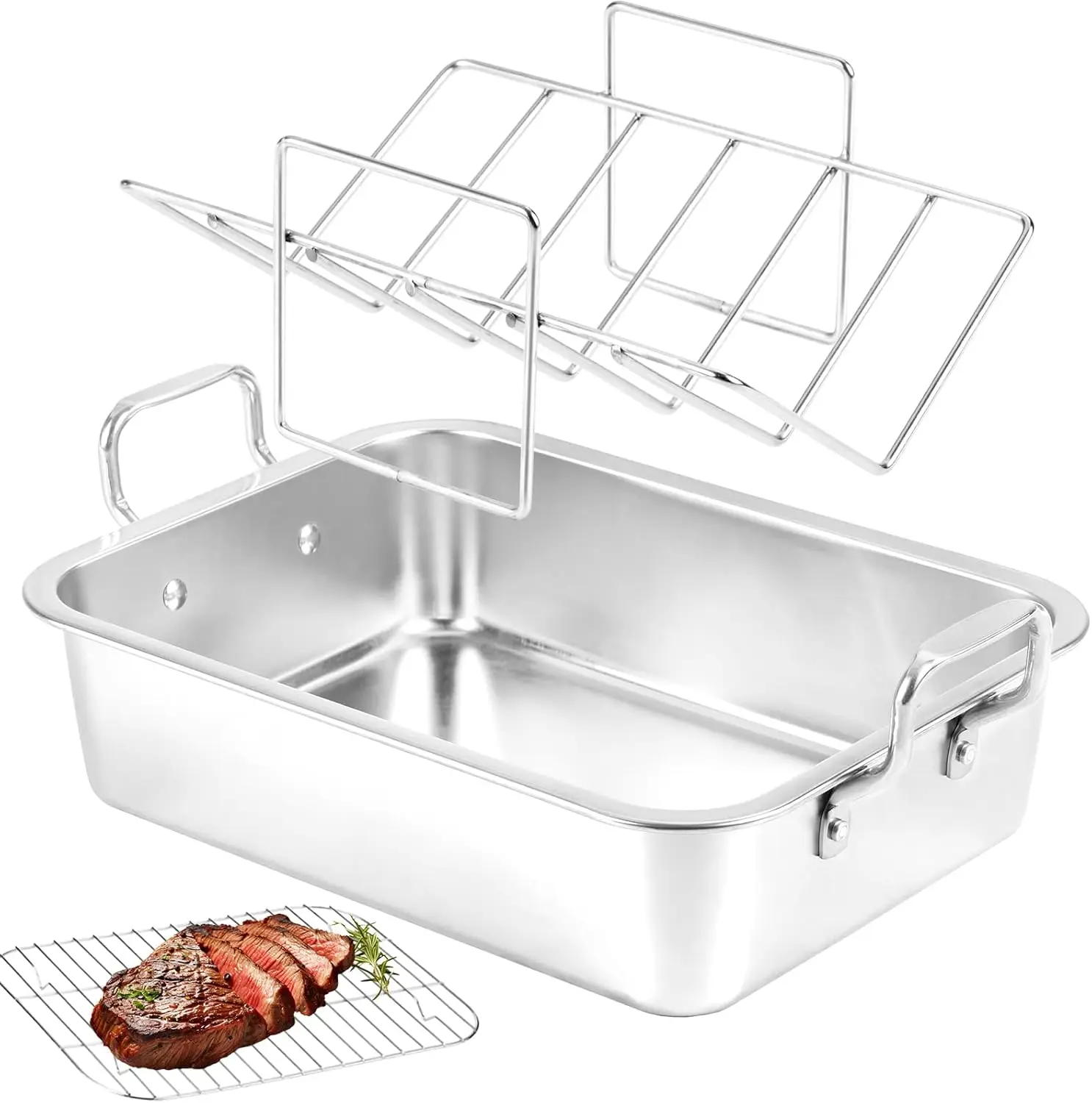 

Stainless Steel Roasting Pan with Cooling Rack for Turkey, Chicken, Ham - Heavy Duty Dishwasher Safe