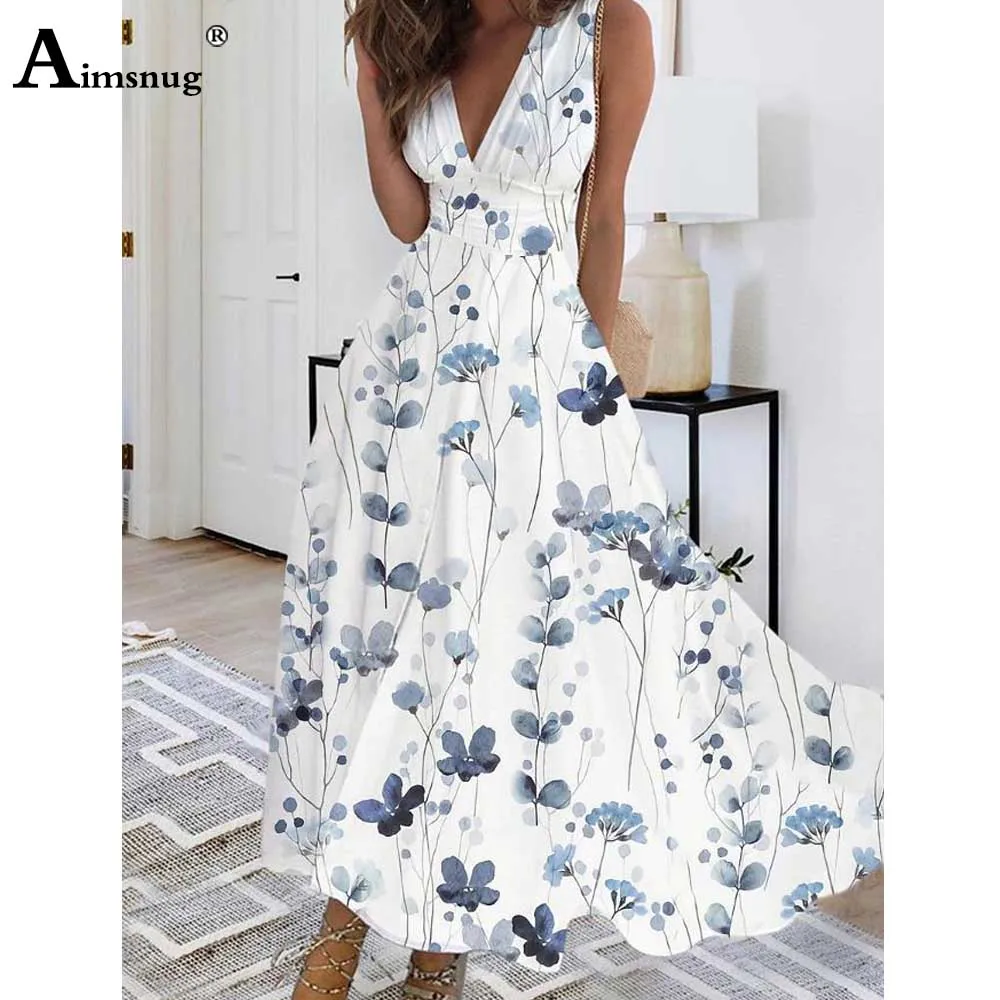 Vestido largo bohemio con estampado de flores para mujer, traje elegante informal de verano con cuello en V para fiesta, talla grande, 2023