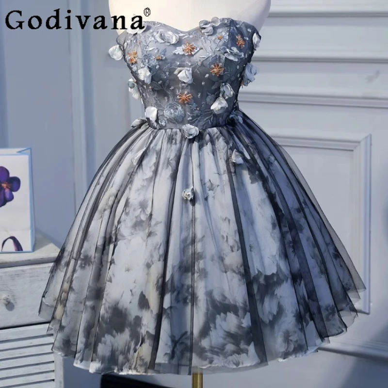 

New Three-dimensional Flower Lace-up Party Temperament Strapless Dress Girls Short Black Gray Elegant Slash Neck Evening Dresses