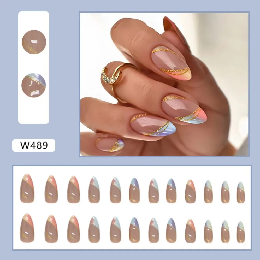 24Pcs Almond Fake Nails Tips Artificial Acrylic Colourful Gradient Gold Dust Line False Nails Set Removable Press on Nails Art