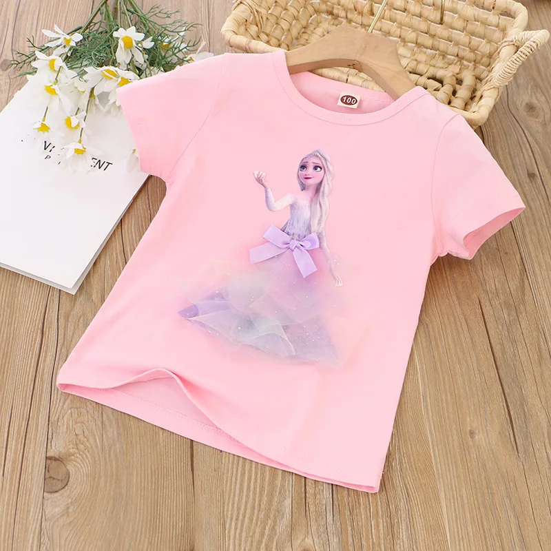 Kids T-shirt Short sleeves Children Frozen Elsa Cotton Summer Girls Tee Party Princess Disney Girls Clothes Costumes Ariel 3-8Y