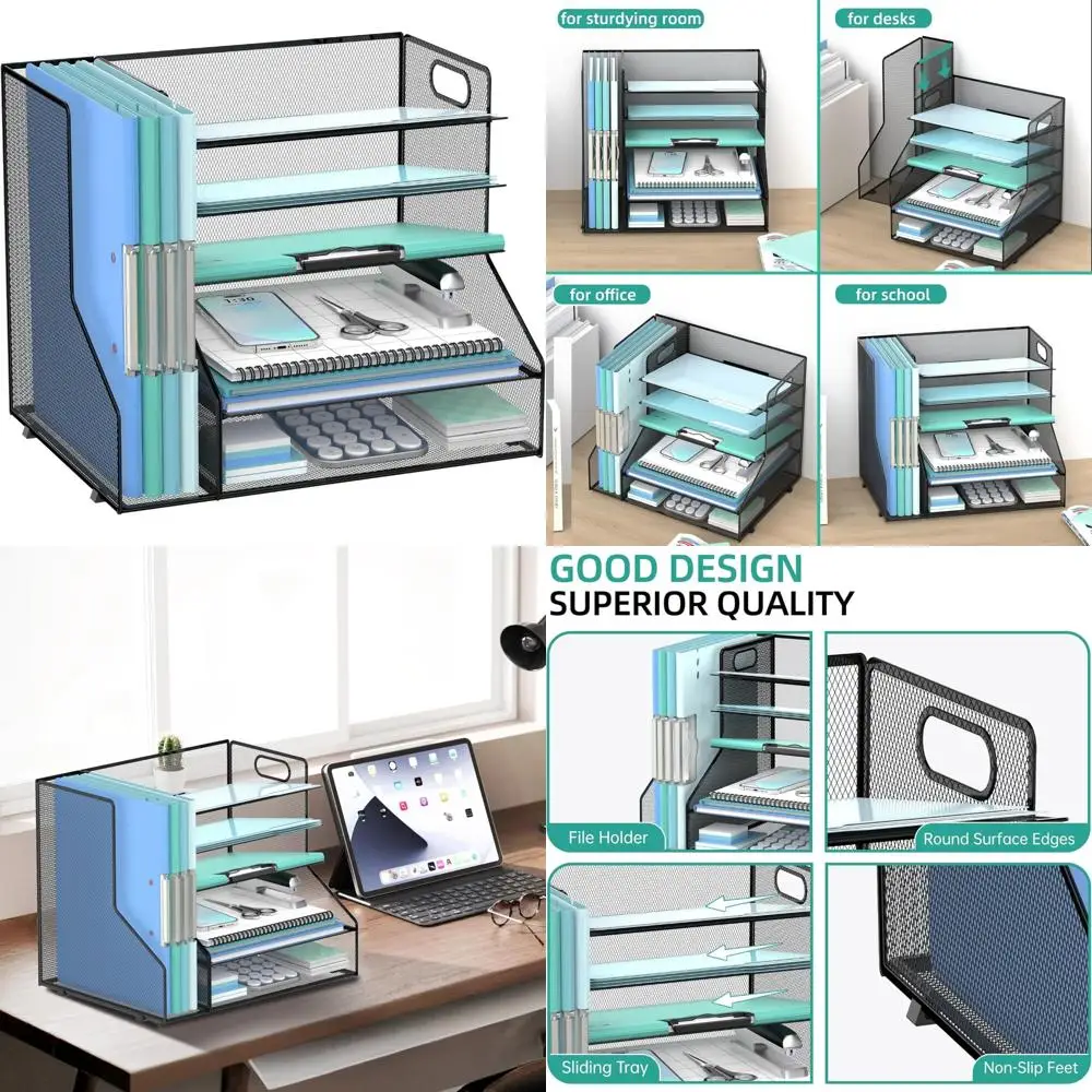 

desk organizer with file holder, 5-tier mesh paper letter tray with magazine holder, desktop organizer and storage for desk acc