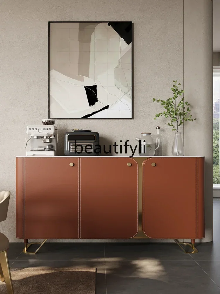 

A Light luxury dining side cabinet saddle leather modern simple solid wood home living room retro rock slab mystery cabinet