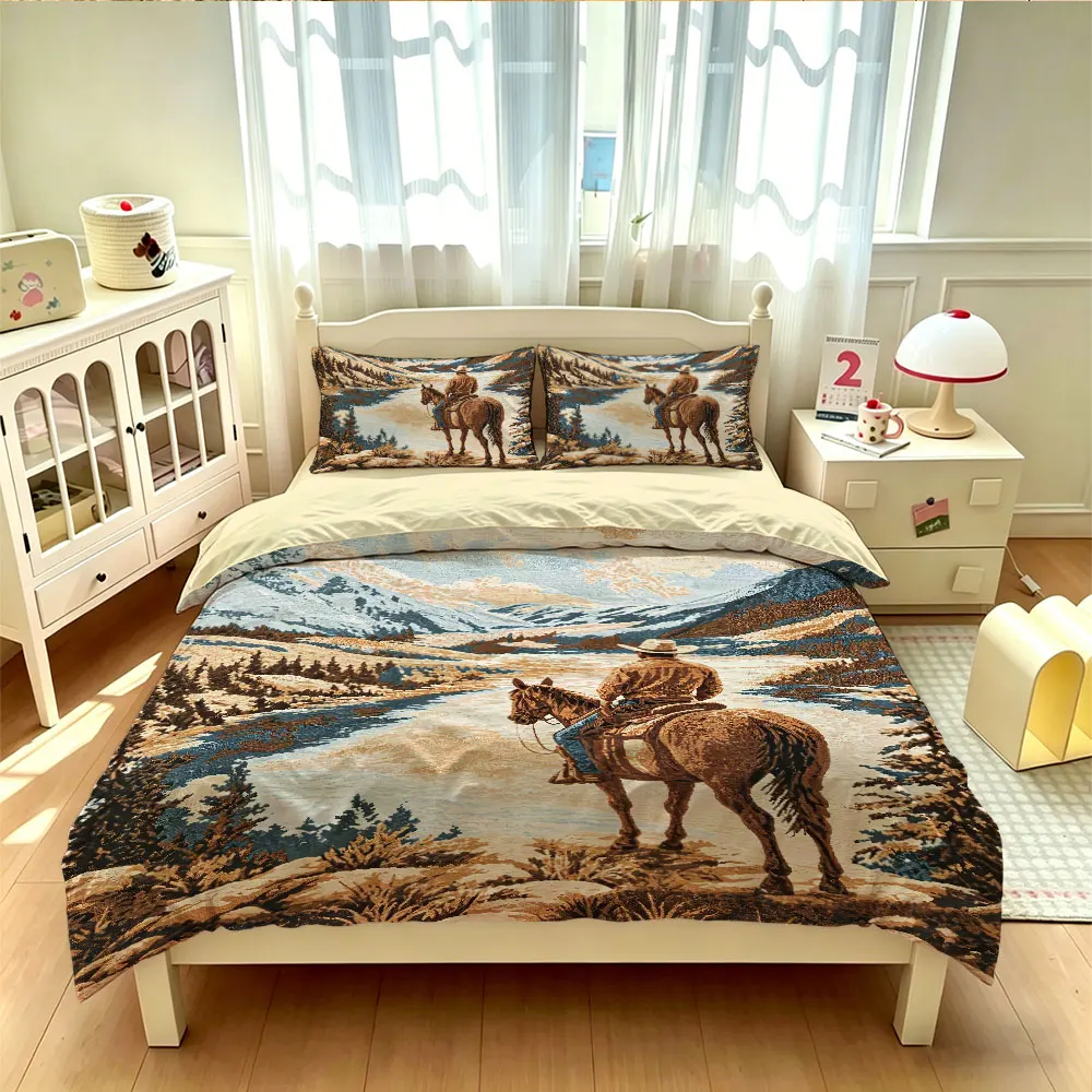 3PCS Western Cowboy Printed Duvet Set No Core 1 Duvet Set 2 Pillowcases Soft and Comfortable Bedding Decoration Machine Washable