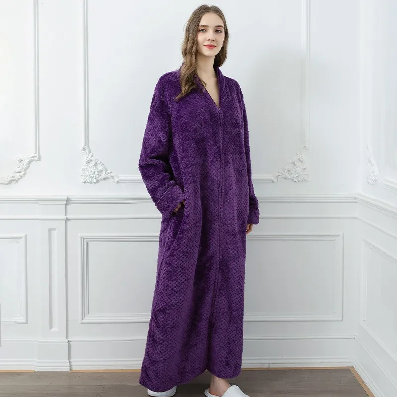 

Winter Men's Bathrobe Solid Color Zipper Flannel Hooded Bath Robe Pockets Warm Men Nightgown Home Gown Sleepwear Men Clothing
