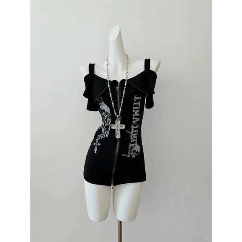 Y2K American Spicy Girl Design Zipper One oulder Or Sve T-shirt Donna Estate Apy Cultural Bla Strap Faion Set
