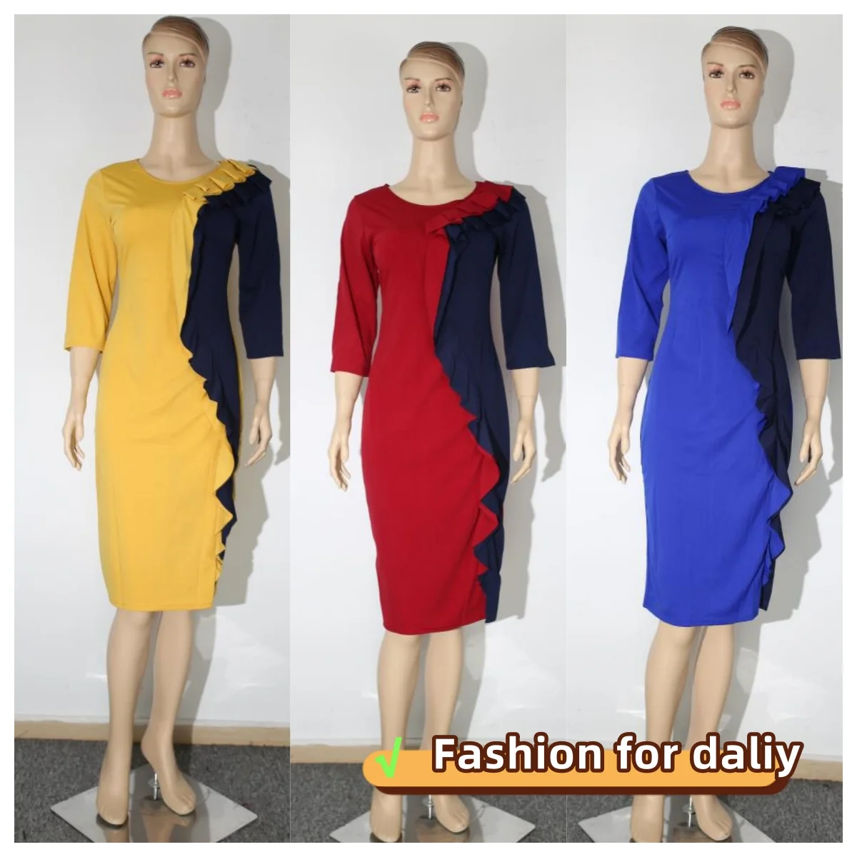 

2025 Elegant Party Dress African For Women Fashion Round Neck Slim Ruffle Dress 3/4 sleeve African Dress Clothes Plus Size