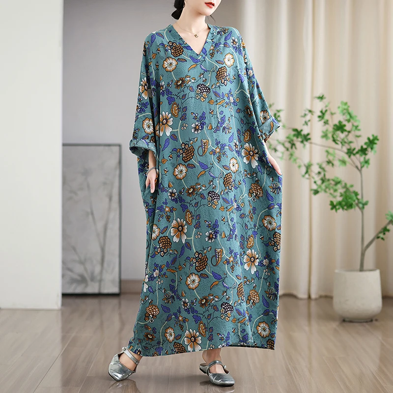 Robe longue rétro à col en V pour femmes, style vacances coloré, robe de voyage, coton chanvre, décontracté, printemps, automne, nouveau, A360