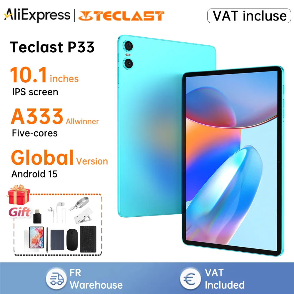 Tablet Teclast P33 de 10.1 Pulgadas, Android 15, 9GB (3+6GB) RAM, 64GB ROM, 1TB de Expansión, Wi-Fi 6, Tipo-C, 6000mAh, Cámara Dual, Conector para Auriculares