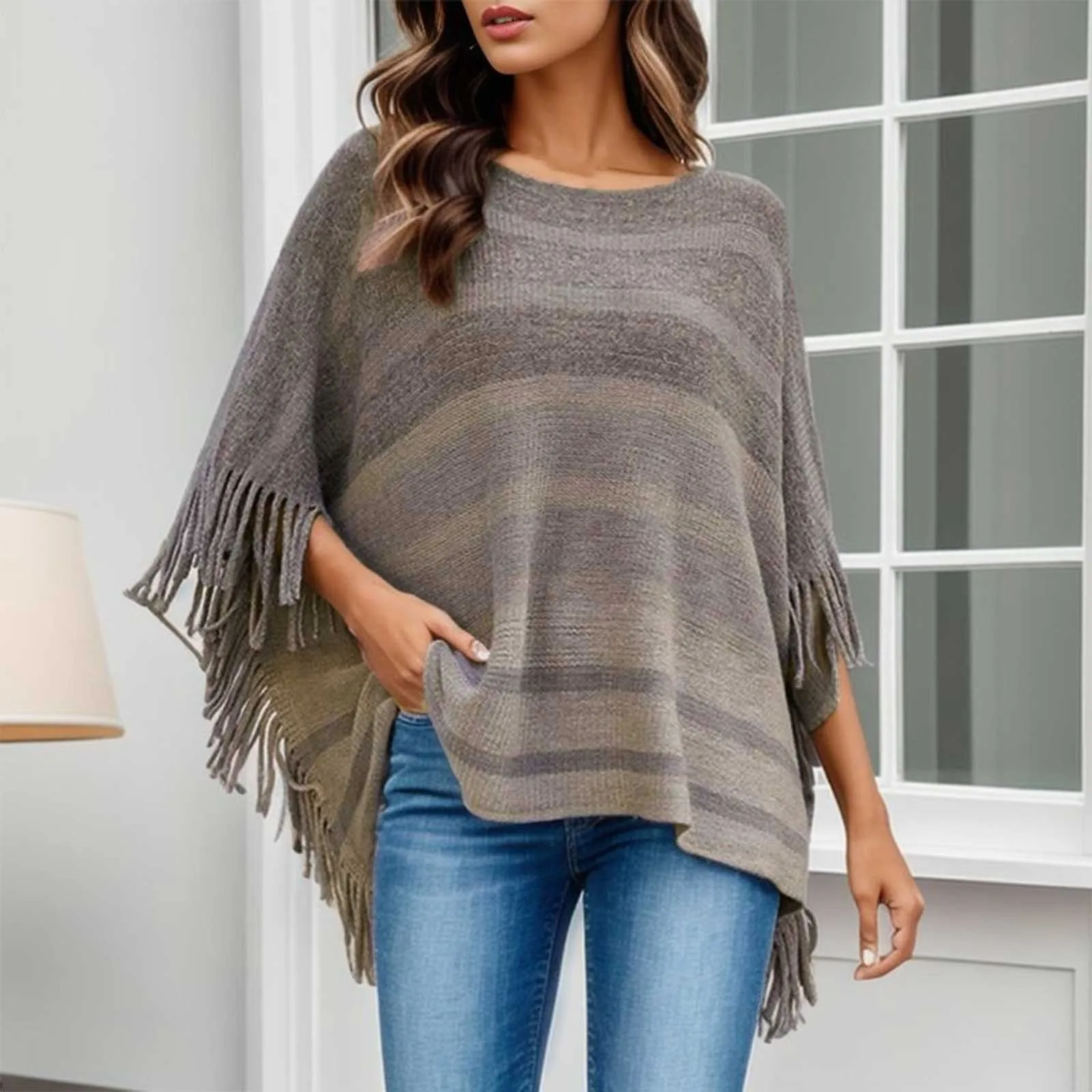 Women's Splicing Fringe Shawl New Autumn and Winter Clashing Stripes Jacket Scarf Wrap Pullover Ladies Knitted Hem Shawl Cape