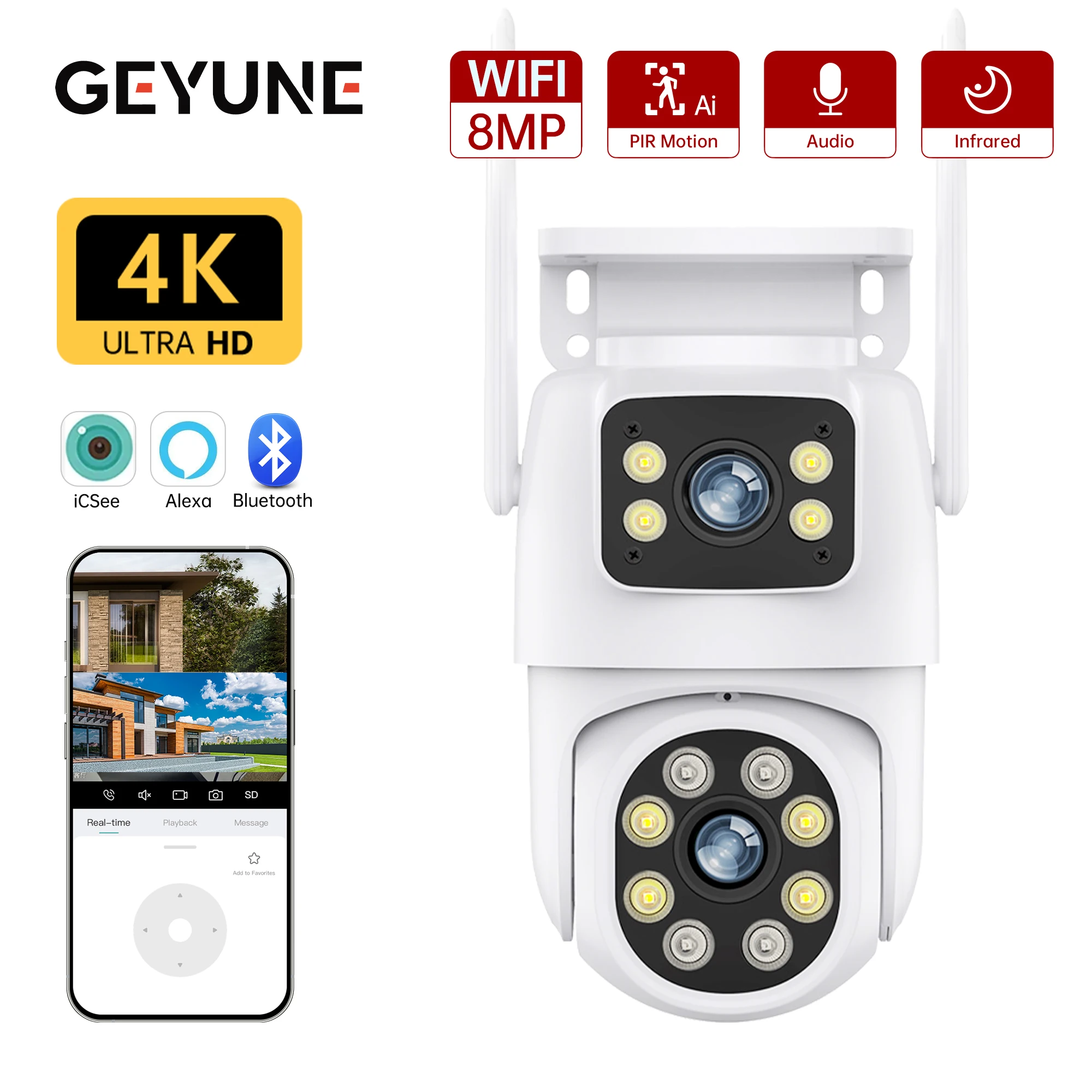 8MP 4K Wifi PTZ Camera Dual Lens with Dual Screen HD 10MP 5K Ai Human Detect Auto Tracking Wireless Outdoor Surveillance Cameras