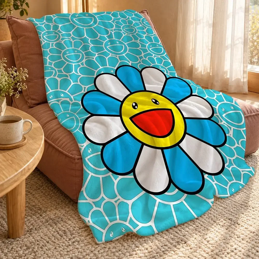 Smiling Flower Artwork Takashi Murakami Throw Double Sided Flannel Throw Blanket Soft Travel Camping Sofa Bed Home